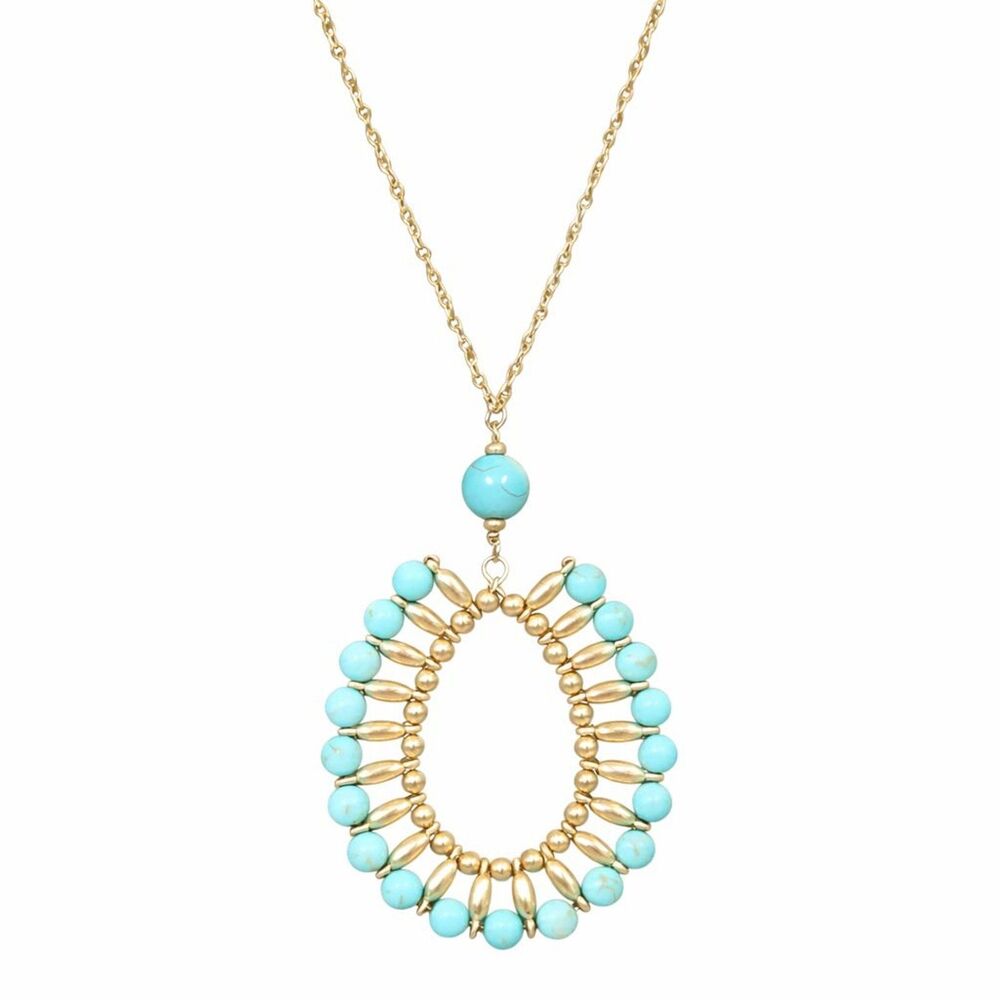 Gold Tone Metal Glass Teal Faux Turquoise Beaded Oval Pendant Necklace 31" - 34"